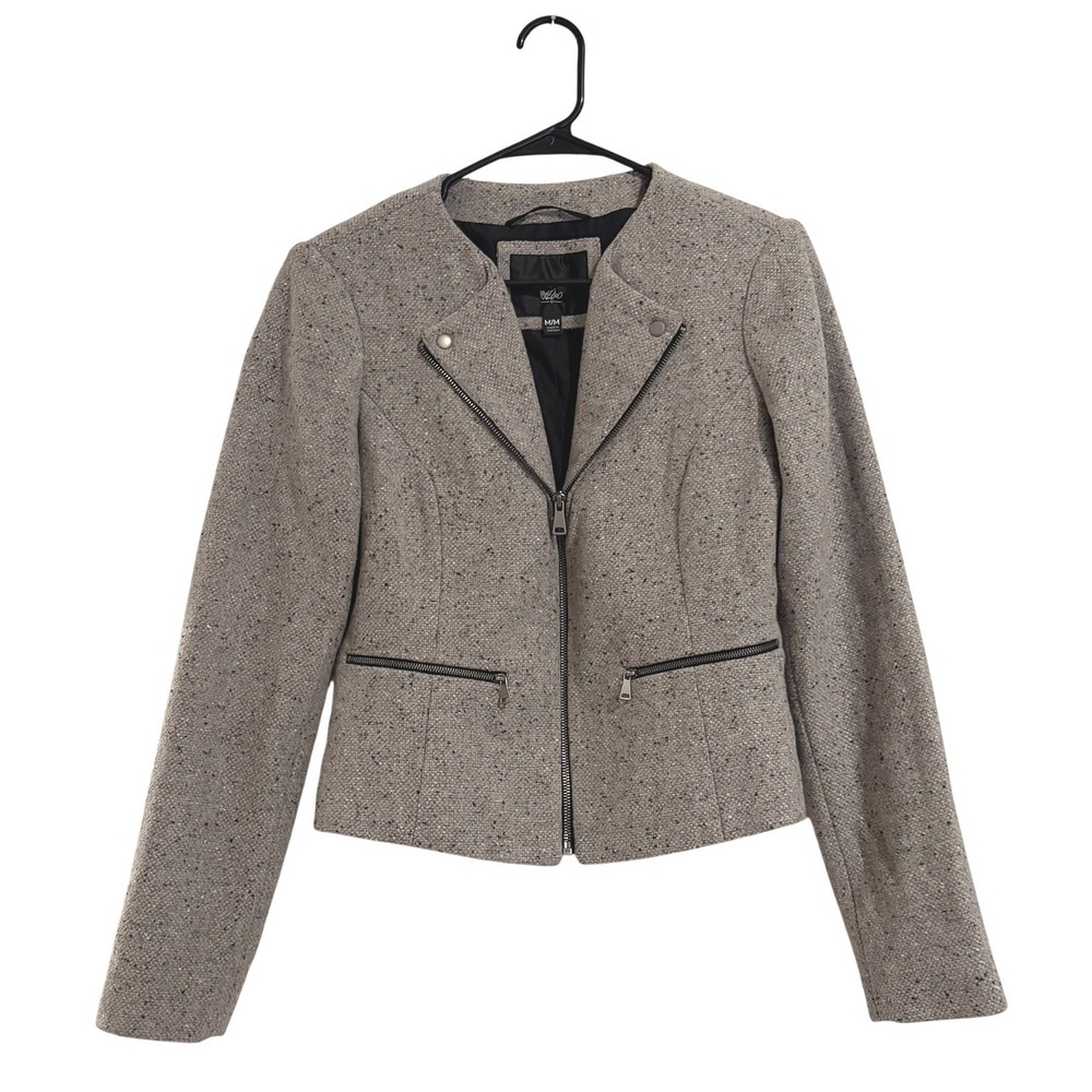 Mossimo Gray Wool Blend Tweed Moto Jacket Full Zip Collarless MEDIUM